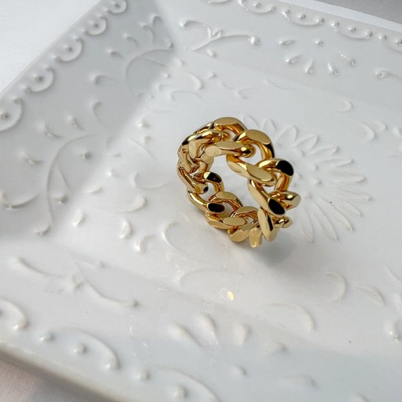 Gold Plated Cuban Chain Ring Gold Trendy Big Ring Size 7 - Picture 2 of 10